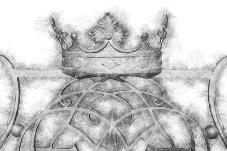 black and white pencil sketch style and abstract illustration of vintage ornament crown elementの写真素材
