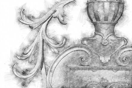 black and white pencil sketch style and abstract illustration of vintage ornament crown elementの写真素材