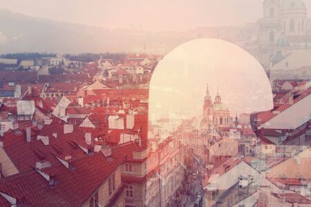 Vintage image, view of prague, double exposureの写真素材