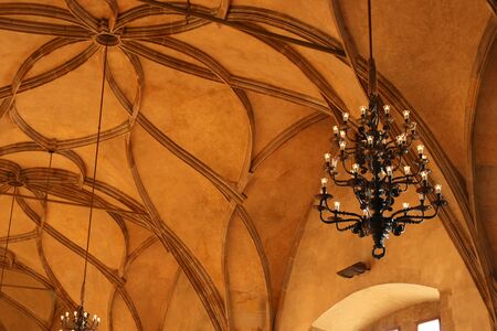 Old Architectural Details over antique ceiling with vintage chandelierの写真素材