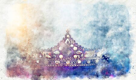 watercolor style and abstract image of beautiful queen/king crown. fantasy medieval periodの写真素材