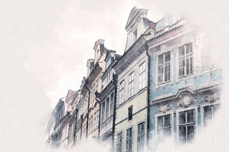 abstract architecture sketch style image of Prague with old beautiful housesの写真素材