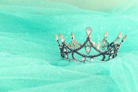 Vintage tulle mint chiffon dress and tiara. Wedding concept.の写真素材