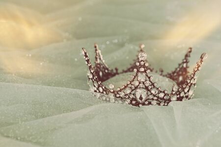 Vintage tulle mint chiffon dress and tiara. Wedding concept.の写真素材