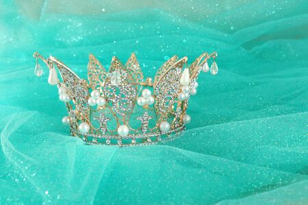 Vintage tulle mint chiffon dress and tiara. Wedding concept.の写真素材