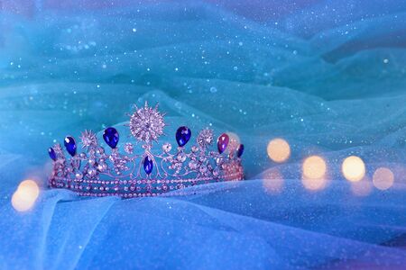 Vintage tulle chiffon dress and tiara. Wedding concept.の写真素材