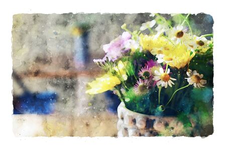 watercolor style illustration of colorful field flowersの写真素材
