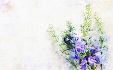 watercolor style illustration and blue and purple flowersの写真素材