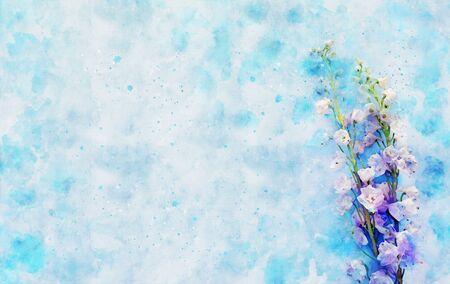 watercolor style illustration and blue and purple flowersの写真素材
