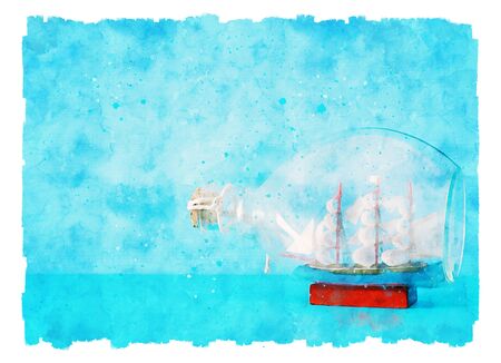 watercolor style abstract image of nautical concept with old boat in the bottle