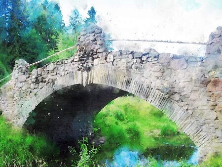 watercolor style and abstract illustration of river, old stone bridge and forestの写真素材