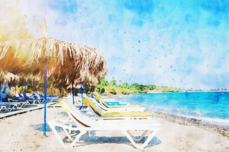 watercolor style and abstract illustration of tropical sea and beach chairs under umbrellasの写真素材