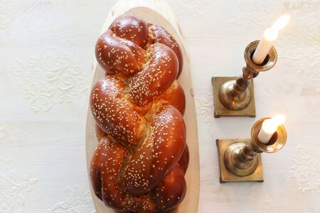 shabbat image. challah bread and candles. Top viewの写真素材