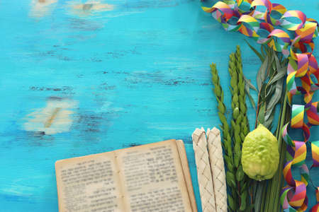 Jewish festival of Sukkot. Traditional symbols (The four species): Etrog (citron), lulav (palm branch), hadas (myrtle), arava (willow)の写真素材