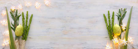 Jewish festival of Sukkot. Traditional symbols (The four species): Etrog (citron), lulav (palm branch), hadas (myrtle), arava (willow)の写真素材