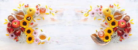 religion image of Rosh hashanah (jewish New Year holiday) concept. Traditional symbolsの写真素材