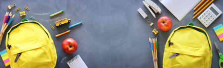 education. Back to school concept over blackboard background. top view, flat layの写真素材