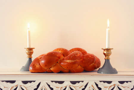 shabbat image. challah bread, shabbat wine and candlesの写真素材