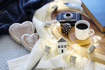 top view image of room interior still life. warm and cozy morning at home