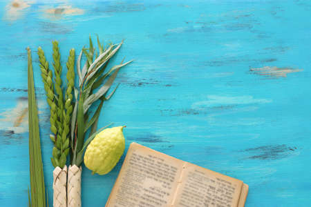 Jewish festival of Sukkot. Traditional symbols (The four species): Etrog (citron), lulav (palm...