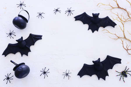 holidays concept of Halloween. Bats and spiders over white wooden background. Top view, flat lay