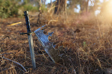 mysterious and magical photo of silver king crown and sword in the England woods. Medieval period...