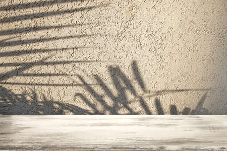 Wooden table and palm shadow for product displayの写真素材