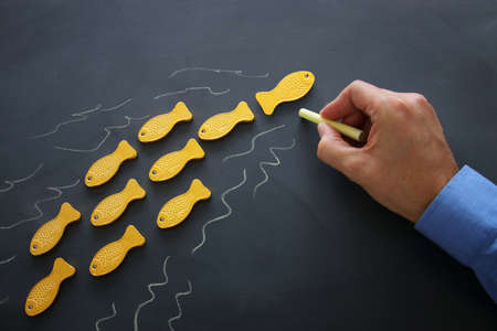 different fish swimming opposite way of identical ones. Courage and success concept. Blackboard...