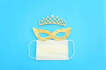 Top view image of masquerade mask background. Flat lay. Purim celebration (jewish carnival holiday)....