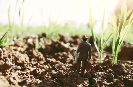 Surreal image of mysterious man walking alone in field during sunsetの写真素材