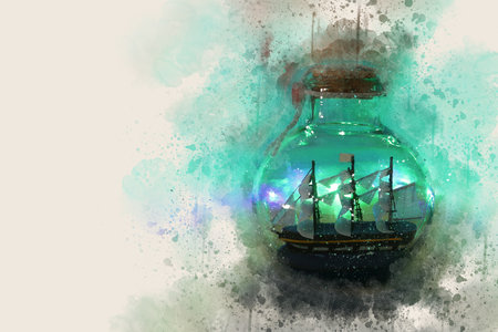 watercolor style abstract image of nautical concept with old boat in the bottleの写真素材