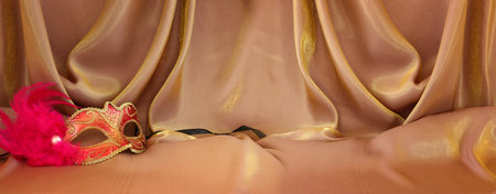 Photo of elegant and delicate Venetian mask over gold silk backgroundの写真素材