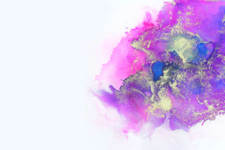 art photography of abstract fluid art painting with alcohol ink, blue, pink, purple and gold colorsの写真素材