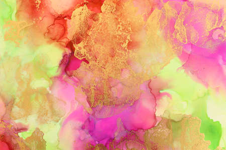 art photography of abstract fluid art painting with alcohol ink, pink, red, green and gold colorsの写真素材