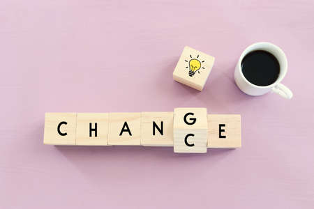 top view image of wooden cube flip with word change to chance, concept of mindset change, personal development and growthの写真素材