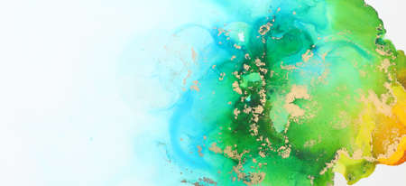 art photography of abstract fluid art painting with alcohol ink, ocean colors, green, turquoise, blue and goldの写真素材