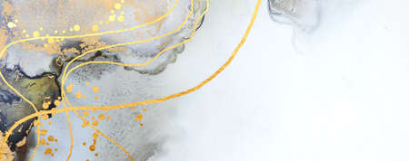 art photography of abstract fluid art painting with alcohol ink, black and gold colorsの写真素材