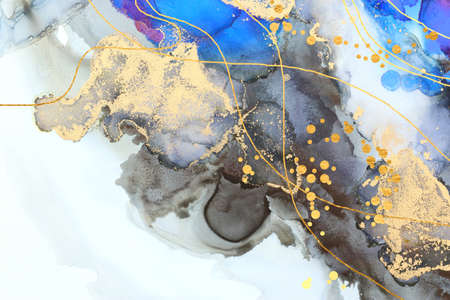 art photography of abstract fluid art painting with alcohol ink, blue, black and gold colors
