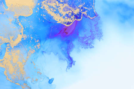 art photography of abstract fluid art painting with alcohol ink, blue and gold colorsの写真素材