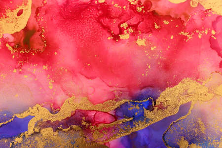 art photography of abstract fluid art painting with alcohol ink, blue, red and gold colorsの写真素材