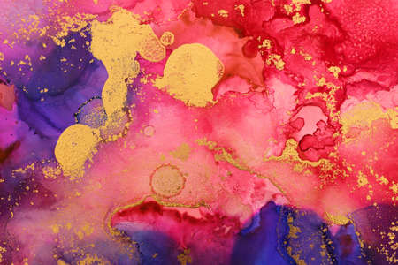 art photography of abstract fluid art painting with alcohol ink, blue, red and gold colorsの写真素材