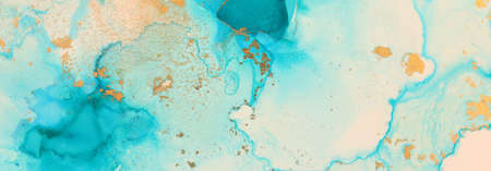 art photography of abstract fluid art painting with alcohol ink, blue and gold colorsの写真素材