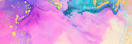 art photography of abstract fluid art painting with alcohol ink, blue, pink, purple and gold colorsの写真素材