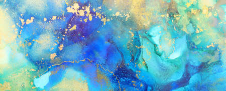 art photography of abstract fluid art painting with alcohol ink, blue, green, yellow and gold colorsの写真素材