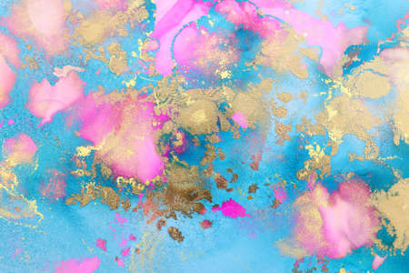art photography of abstract fluid art painting with alcohol ink, blue, pink and gold colorsの写真素材