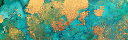 art photography of abstract fluid painting with alcohol ink, blue and gold colors