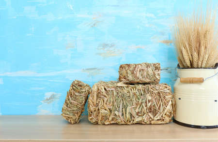 image of crops and hay piles over wooden background. Symbols of jewish holiday - Shavuotの写真素材