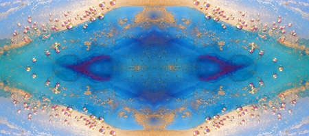 art photography of abstract fluid art painting with alcohol ink blue, aqua, gold colors and crystal...