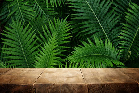 wooden table in front of tropical green floral background. for product display and presentation.