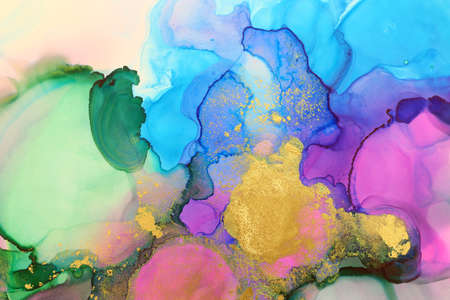 art photography of abstract fluid painting with alcohol ink, blue, green, pink and gold colors
